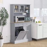 HOMCOM Kitchen Cabinet with Charging Station, 2 Tilt Out Cabinets, Microwave Stand, Freestanding Kitchen Pantry Cabinet, Grey(m-1)