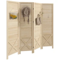 HOMCOM 4.7' 4 Panel Wooden Room Divider with Pegboard Display, Folding Privacy Screen for Home Office, Natural(m-9)