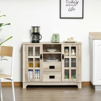 HOMCOM Sideboard Buffet Cabinet with Glass Door, Coffee Bar Cabinet with Storage Drawers & Adjustable Shelves for Kitchen, Living Room, White Oak(m-2)
