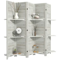 HOMCOM 5 Panel 67" Tall Wood Privacy Screen Room Divider with 3 Shelves and Folding Storage for Bedroom, Distressed White(m-11)