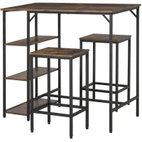 HOMCOM Industrial 3 Piece Dining Table Set, Counter Height Bar Table and Chairs Set, Kitchen Bistro Table Set with Storage Shelf and Stools, Rustic Brown(m-1)