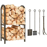 Outsunny 2-Tier Outdoor Firewood Rack with 4 Fireplace Tools, 220 lbs Capacity Metal Log Holder for Fireplace, Coffee Brown(m-12)