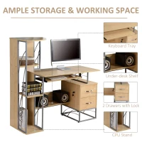 HOMCOM Modern Computer Desk with 4-Tier Bookshelf, Home Office Writing Table Workstation with Tower Storage Shelves Keyboard Tray & Lockable Drawers, Natural(m-7)