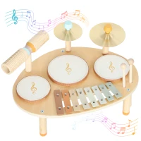 Qaba Toddler Drum Set, 4-in-1 Musical Instruments for Kids 2+, Gifts for Girls Boys Birthday, Natural Wood(m-9)