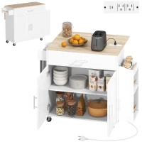 HOMCOM Kitchen Island with Storage, Rolling Kitchen Cart with Foldable Drop Leaf, Power Outlet and USB Ports, White(m-9)