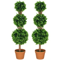 HOMCOM 2 Pack 35.5" Artificial Trees, Boxwood Topiary Ball Trees with Pot for Indoor, Outdoor, Home Office, Living Room, Green(m-9)