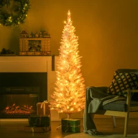 HOMCOM 5ft Pencil Christmas Tree, Slim Artificial Christmas Tree with Realistic Branches and Warm White LED Lights, Pink(m-2)