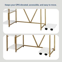 Industrial Writing Desk with Elevated Hutch Shelf and CPU Caddy, Modern Computer Table for Home Office, 46.5" L x 19" W x 34" H, Gold(m-8)