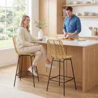 HOMCOM Set of 2 Rattan Barstools Wicker Counter Stools with Steel Legs and Footrest for Dining Room Kitchen Pub Yellow(m-10)
