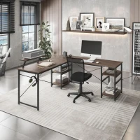 Industrial L-Shaped Desk with Raised Monitor Stand and Open Shelves, Modern Corner Computer Workstation for Home Office, 59" L x 59" W x 35" H, Walnut(m-1)