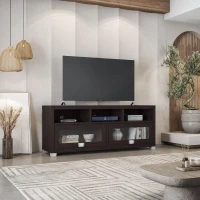 Sleek Durbin TV Stand with Glass Panel Cabinets and Cable Management, Modern Media Sideboard Cabinet for Living Room, 57" L x 15" W x 23" H, Espresso(m-1)