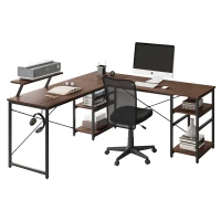 Industrial L-Shaped Desk with Raised Monitor Stand and Open Shelves, Modern Corner Computer Workstation for Home Office, 59" L x 59" W x 35" H, Walnut(m-9)