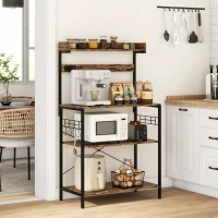 HOMCOM Kitchen Baker's Rack with Power Outlet, Coffee Bar Station with Adjustable Shelves and Hooks, Rustic Brown(m-1)