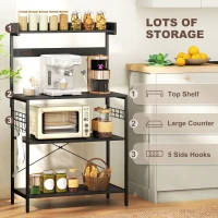 HOMCOM Kitchen Baker's Rack with Power Outlet, Coffee Bar Station with Adjustable Shelves and Hooks, Rustic Brown(m-6)