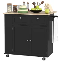 HOMCOM Kitchen Island with Power Outlet and Drop Leaf, Rolling Kitchen Cart with 2 Drawers and Adjustable Shelves, Black(m-2)