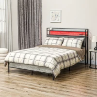 HOMCOM Full Bed Frame with Storage Upholstered Headboard, Full Size Bed Frame with LED Lights, Charging Station, Cement Gray(m-10)