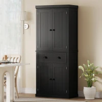 HOMCOM 72" Tall Kitchen Pantry Cabinet, Modern Buffet Storage Cabinet with 4 Beadboard Doors, Drawer and Adjustable Shelves, Black(m-8)