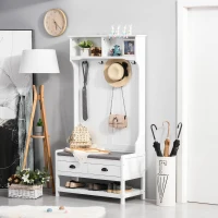HOMCOM Coat Rack Shoe Bench, Hall Tree with Bench and Shoe Storage, Entryway Bench with 4 Hooks, 2 Drawers, 2 Shelves, White(m-8)
