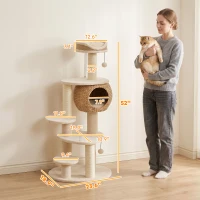 PawHut 52" Cat Tree, Cat Tower with Handwoven Cattail Condo, Bed, Platforms, 3 Scratching Posts and 3 Toy Balls(m-3)