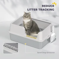 PawHut Stainless Steel Litter Box with High Side, Scoop, Easy Cleaning & Anti-Urine Leakage, for Big Cats, Light Gray(m-6)