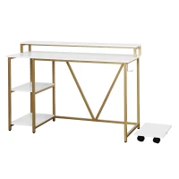 Industrial Writing Desk with Elevated Hutch Shelf and CPU Caddy, Modern Computer Table for Home Office, 46.5" L x 19" W x 34" H, Gold(m-13)