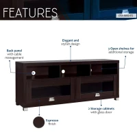 Sleek Durbin TV Stand with Glass Panel Cabinets and Cable Management, Modern Media Sideboard Cabinet for Living Room, 57" L x 15" W x 23" H, Espresso(m-5)