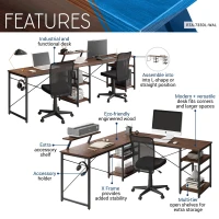 Industrial L-Shaped Desk with Raised Monitor Stand and Open Shelves, Modern Corner Computer Workstation for Home Office, 59" L x 59" W x 35" H, Walnut(m-4)