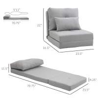 HOMCOM Folding Sofa Bed, Convertible Sleeper Chair with Adjustable Backrest, Metal Frame and Pillow, Upholstered Chair Bed Floor Sofa for Living Room Bedroom, Light Gray(m-3)
