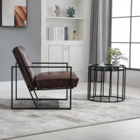 HOMCOM Mid-Century Modern Accent Chair Faux Leather Sofa Button Tufted Armchair with Metal Frame, Brown(m-4)