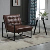 HOMCOM Mid-Century Modern Accent Chair Faux Leather Sofa Button Tufted Armchair with Metal Frame, Brown(m-10)