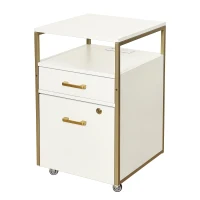 Modern File Cabinet with 2 USB and Power Outlet Port, Perfect Storage Unit for Home Offices or Workspaces, 15.5" L x 15.5" W x 26" H, White+Gold(m-2)