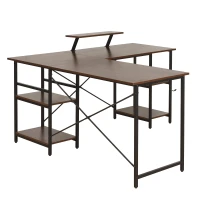 Industrial L-Shaped Desk with Raised Monitor Stand and Open Shelves, Modern Corner Computer Workstation for Home Office, 59" L x 59" W x 35" H, Walnut(m-11)