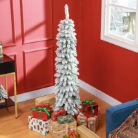 HOMCOM 5' Tall Unlit Slim Pencil Xmas Tree, Snow-Flocked Artificial Christmas Tree with Realistic Branches and 301 Tips, Green(m-10)