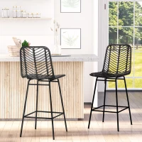 HOMCOM Set of 2 Rattan Barstools Wicker Counter Stools with Steel Legs and Footrest for Dining Room Kitchen Pub Black(m-2)