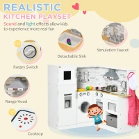 Qaba Corner Play Kitchen Set with Sound Effects and Tons of Countertop Space, Large Wooden Kitchen with Washing Machine, Food Toys, Ice Maker, Kids Kitchen, Ages 3-6, White(m-4)