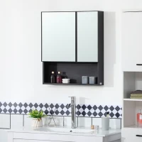 kleankin Wall-Mounted Medicine Cabinet, Bathroom Mirror Cabinet with Double Doors and Storage Shelves, Black(m-10)
