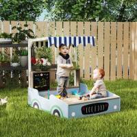 Qaba Kids Wooden Sandbox with Canopy with Bench Seats, Bottom Liner, Drawing Board, Planting Boxes for Backyard, Garden, Blue(m-10)