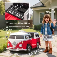 Qaba 12V Kids Ride on Car, Lisensed Volkswagen T1 Electric Vehicle with Dual Motor and Soft Start for 3-7 Years, Red(m-3)