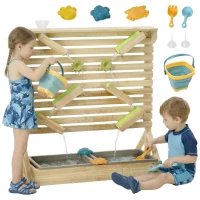 Outsunny 18 Pcs Kids Running Water and Sand Playset Outdoor with Sinks, Wooden Sensory Toys with Colorful Accessories, Gift for Boys and Girls, Aged 3-7 Years Old(m-2)