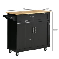HOMCOM 41" Modern Rolling Kitchen Island on Wheels, Utility Cart Storage Trolley with Rubberwood Top & Drawers, Black(m-3)