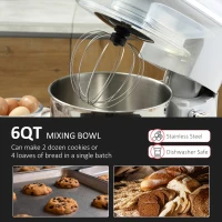 HOMCOM Stand Mixer with 6+1P Speed, 600W Tilt Head Kitchen Electric Mixer with 6 Qt Stainless Steel Mixing Bowl, Beater, Dough Hook and Splash Guard for Baking Bread, Cakes, and Cookies, Silver(m-5)