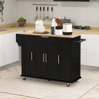 HOMCOM Modern Rolling Kitchen Island Cart with Drawers, Natural Wood Top, Towel Rack, Door Storage Cabinet, Black(m-8)