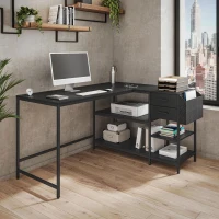 Modern L-Shaped Desk with 2 Drawers and Fabric Organizer, Contemporary Corner Computer Desk for Home Office, 55" L x 46.5" W x 29.5" H, Black(m-1)