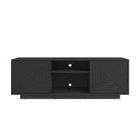 Sleek Modern TV Stand with Patterned Storage Doors, Contemporary Media Entertainment Console for Living Room, 63" L x 14" W x 21.5" H, Black(m-7)