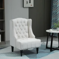 HOMCOM Linen Fabric Button Tufted Wingback Accent Chair with Thick Padded Cushioned Seats and Wooden Legs for Living Room and Bedroom, Beige(m-10)