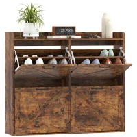 HOMCOM Narrow Shoe Storage Cabinet with 4 Flip Drawers, Adjustable Shelves, 16 Pair Farmhouse Shoe Cabinet, Rustic Brown(m-9)