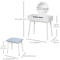 HOMCOM Makeup Vanity Desk with Round Mirror and 2 Drawers, Dressing Table with Cushioned Stool Set for Bedroom (White)(m-3)
