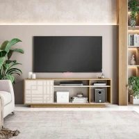 Contemporary Floating TV Stand with Patterned Cabinet Door, Modern Media Entertainment Console for Living Room, 63" L x 14" W x 21" H, Oak Natural Wood+Antique White(m-1)