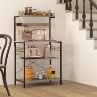 HOMCOM Kitchen Baker's Rack with Power Outlet, Coffee Bar Station with Adjustable Shelves and Hooks, Distressed Grey(m-8)