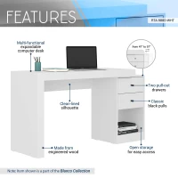 Sleek Expandable Desk with 2 Drawers and Open Bottom Shelf, Modern Home Office Computer Writing Table for Apartment, 47.5" L x 18" W x 29.5" H, White(m-5)